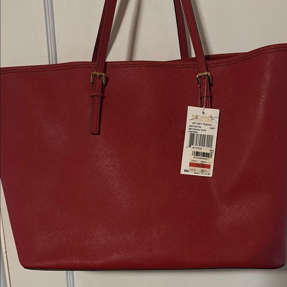 NWT Michael Kors Red Saffiano Leather Tote with Gold Accents - Picture 2 of 5